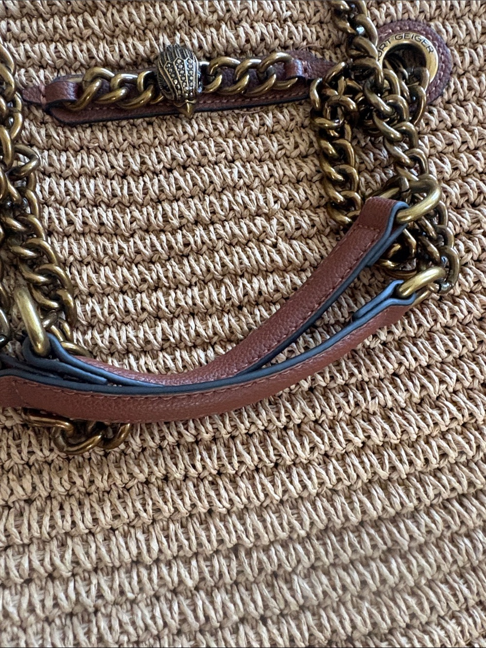 Kurt Geiger Beige Straw Tote with Brown Leather & Gold Chain Handles - Picture 6 of 10
